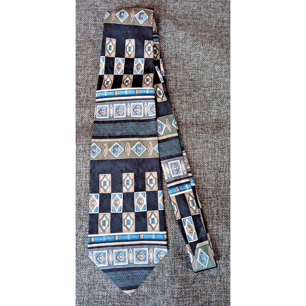Tie 70s 80s 90s Y2K Amherst And Brock Silk Black Toupe Blue 3.75 Wide 61 Long